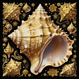hyper detailed conch shell, hindu god  graphic illustration ocean life color palette detailed intricate gold linework + otomo, yoshitaka Amano, hiroshi yoshida, moebius, loish, artgerm,  symmetrical and detailed 3d render