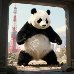 giant panda destroying tokyo in the style of the movie godzilla, cinematic lighting, cinematic framing and shadows 1 9 7 0 s aesthetic