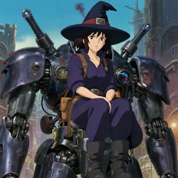 a film still portrait of a woman witch mechanic sit on top of a gigant robot, dieselpunk, finely detailed features, closeup at the faces, perfect art, at an ancient city, gapmoe yandere grimdark, trending on pixiv fanbox, painted by greg rutkowski makoto shinkai takashi takeuchi studio ghibli, akihiko yoshida