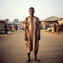 full body analogue photo of an igbo tribal chief, 35mm, f/1.4, Golden Hour light, national geographic, photographed by Martha Cooper,