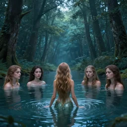 forest nymph rising from the water. view from behind, wide angle view, back view. nuri iyem, james gurney, james jean, greg rutkowski, anato finnstark. trending on artstation, starlight, and enchanted dreams. instagram photo shoot, sigma 3 5 mm, award winning photography, perfect faces