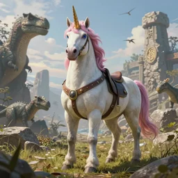 a hyper real comic book style portait painting of an unicorn in the stone age with dinosaurs, unreal 5, hyperrealistic, octane render, cosplay, rpg portrait, dynamic lighting