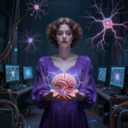 symmetric, a dreamy woman in a purple dress holding a brain and neurons, in a room full of wires and computers and neural networks, dark sci - fi, ai, 4 k realistic, alphonse mucha, gustav klimt artem demura.