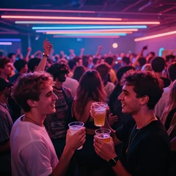 in the front 2 friends partying with drinks in their hands, in the back a huge crowd and neon lines, surrealism