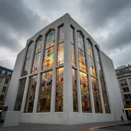 cinematic photography of art museum made out of colored small stained glass panes and white concrete in an urban context, dramatic grey sky, soft natural light, glowing windows, architectural photography, wide angle, photoreal