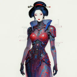 cyberpunk geisha warrior by cy Twombly and BASTIEN LECOUFFE DEHARME, iridescent, red and blue, detailed fractal costum, high tech, circuit boards