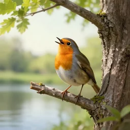 in a tree by the brook, there's a songbird who sings,, high quality rendering,