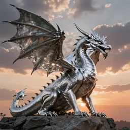 silver dragon, artwork by greg rutkowski, sunset, stunning.
