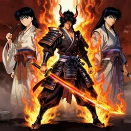 a full body - demonic asian warrior with flaming katana by karol bak, ayami kojima, yoshitaka amano, feudal japan, concept art, fantasy