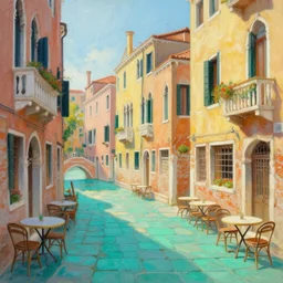street of teal stone, sunlight and whimsical houses, cafe tables, venice, painting by james gurney