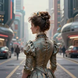 portrait of a victorian lady in a futuristic city, from behind, streets, in the year 2300, highly detailed, digital painting