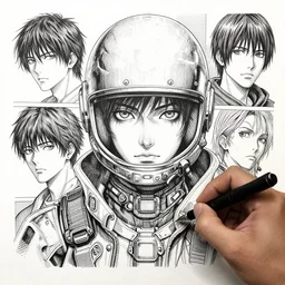 portrait of astropunk human with helmet, pen and ink, intricate line drawings, by craig mullins, ruan jia, kentaro miura, greg rutkowski