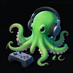 an acqua green little octopus playing videogames, with various joypads in his tentacles, he is wearing a pair of headphones, black background, digital drawing, photoshop, high definition, good shading, artstation contest winner, octane render