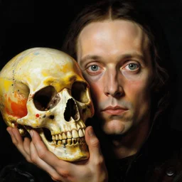 close - up renaissance portrait of an alien man holding a colorful skull covered in splattered paint. big eyes, dark lighting. black background. highly detailed science - fiction painting by norman rockwell, moebius, frank frazetta, syd mead, donato giancola. rich colors, high contrast. artstation