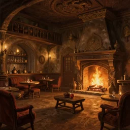 a realistic tavern interior with a roaring fire, warm lighting, fantasy, intricate, elegant, highly detailed, digital painting, artstation, concept art, matte, sharp focus, trompe - l'œil, volumetric light, art by willem kalf and jan philip van thielen