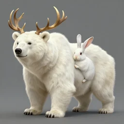 a bear and a bunny chimera with the size and strength of a bear, The white color and long bunny ears of a bunny and golden brown antlers. Concept art. Fantasy. Trending on artstation. Masterpiece. By Karlkka. By Greg Rutkowski James Gurney