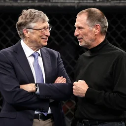 photograph of a cage fight between bill gates and steve jobs