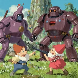 dwarves fighting robots, anime by Hayao Miyazaki