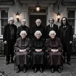 an old age home for geriatric dark goths. photograph group portrait.