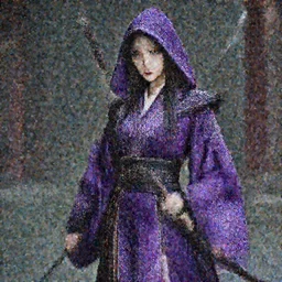 photograph of a real-life beautiful assassin with intricate purple robes and daggers.  Extremely detailed. 8k