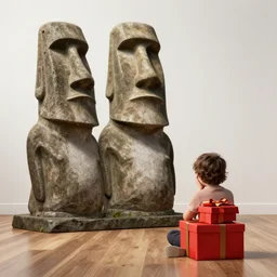 disappointed kid after receiving a hyperrealistic giant moai statue for a christmas present. wide angle shot. render 5. octane render.