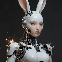 robotic bunny woman with mechanical cables and wiring, electrical sparks, cyberpunk futuretech art, by WLOP and dan mumford