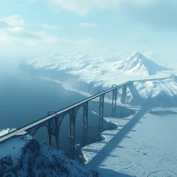 a very long thin elfic black bridge across a lake, aerial view, architectural, background of snowy mountain, concept art by anato finnstark and craig mullins, trending on artstation