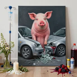 “ a portrait in a female art student ’ s apartment, sensual, a pig theme, a car crash silver car broken glass, art supplies, surgical iv drip, ikebana, herbs, a candle dripping white wax, squashed berries, berry juice drips, acrylic and spray paint and oilstick on canvas, surrealism, neoexpressionism ”
