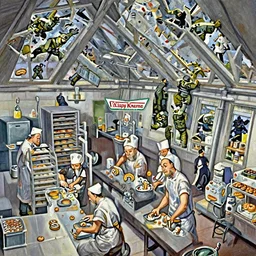 painting of the inside of a Krispy Kreme factory, showing several Benedictine monks preparing the donuts by hand, showing a SWAT team conducting a raid by crashing through the roof windows, by Frank Frazetta