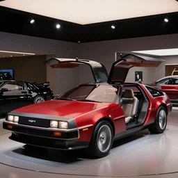 delorean futuristic concept car, ruby red with black highlights, gull - wing doors open, professional showroom photography, ambient lighting