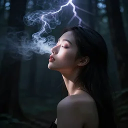 inside a soul of  a gorgeous  young  girl , searching for eternity, smoke out of her eyes, minimalistic dark  forest, intricate ligtning, rear light, spotlight in the style of stefan kostic, realistic, sharp focus, 8k high definition, high fashion, vogue, insanely detailed, soft light, colorful smoke, intricate, elegant, art by stanley lau and artgerm, sigma 85mm art