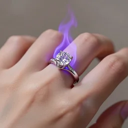 a beautiful engagement ring on the hand of a woman, made out of shiny silver, the ring is engulfed in purple fire, high quality, photo realistic, detailed, 8k