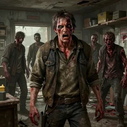 fallout 5, shopkeeper angry bloody horror zombie, portrait, indoors dilapidated store interior, atmospheric lighting, painted, intricate, volumetric lighting, beautiful, daytime, overcast weather, sharp focus, deep colours, ultra detailed, by leesha hannigan, ross tran, thierry doizon, kai carpenter, ignacio fernandez rios