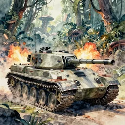 a futuristic battle tank in action, background is an alien jungle, war, fire, explosions, detailed futuristic watercolor by kim jung gi