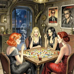 women in the interior of a steampunk apartment, Milo Manara, night time, Margot Robbie, Scarlett Johanson, zoey Deschannel, smoking cigarettes, playing board games, highly detailed, pencil and watercolor, Tarantino movie posters, melancholy, level design, concept art, artstation, cgsociety, zenith view —ar 16:9 —quality 2