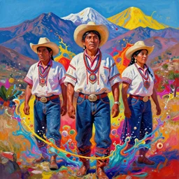 splash painting, of tarahumara men and women from the mountains of northern mexico, greg rutkowski, hyperrealist, cinema 4 d, psychedelic, digital art