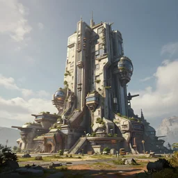 a huge building, set in an open space, on its own, with many details, style artstation, style greg rutkowski, octane render, unreal engine 6, epic game graphics, fantasy, cyberpunk, conceptual art, ray tracing
