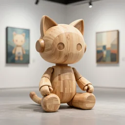 8k octan render photorealistic detailed unreal engine a wooden sculpture art toys on feet very cute robot with cat ears zen méditation cyberpunk a contemporary art gallery art