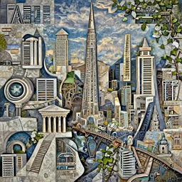 futuristic sci-fi city of Atlantis  hill valley grec greeble temple of olympus glory island  little wood bridge painting of tower  ivy plant   in marble  late afternoon light, wispy clouds in a blue sky, by frank lloyd wright and greg rutkowski and ruan jia