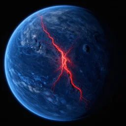 a picture of an alien planet, taken from orbit, dark blue planet, red narrow lava rivers, center of the frame, astrophotography