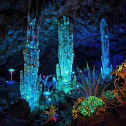 a bioluminescent cave with glowing stalagmites and stalagtites, alien plants, neon, dayglo, glowing lychen by lisa frank and studio ghibli and makoto shinkai