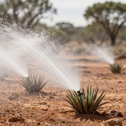 electrostatic fog condensing net feeding irrigating plants in the australian desert natural light high quality photograph depth of field