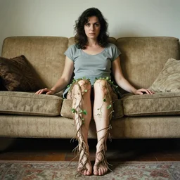 a vintage photo of a woman sitting on a living room couch facing the camera with her lower body covered with vines and roots