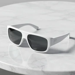 white futuristic one lens sunglasses layed on a marble table, amazing detail, studio lighting, 3D model, ray tracing