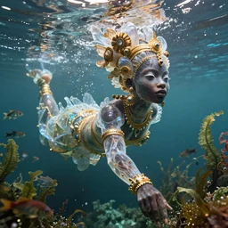 hyperrealistic neo - rococo cinematic half underwater scene with fish and algae, very expressive! translucent elegant african goddess getting out of water, gold jewerly, highly detailed face, digital art masterpiece, aykut aydogdu zener, dramatic volumetric light, long shot, low angle uhd 8 k, sharp focus
