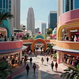 realistic and cinematic views of of an Orwellian shopping center within Los Angeles, dystopia, extreme detail, contemporary art style, vibrant colors, realism, 35mm film grain