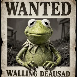 a walking dead style poster of Kermit the frog, serious, black and white, dirtied with mud stains, looks like an old wild west wanted poster, realistic