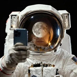 extremely detailed studio portrait of space astronaut taking a selfie, holds a smart phone in one hand, phone!! held up to visor, reflection of phone in visor, moon, extreme close shot, soft light, golden glow, award winning photo by james van der zee