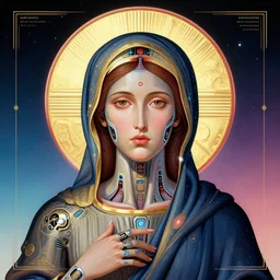 retrofuturistic poster beautiful female cybernetic orthodox icon pattern nano enhancements, gradient space graphics in background, close up, quint buchholz, wlop, dan mumford, artgerm, liam brazier, peter mohrbacher, raw, featured on artstation, octane render, cinematic, elegant, intricate, 8 k