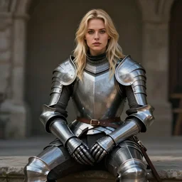 portrait of a female blonde in a knights armor sitting, full view, popular on artstation, artstationhd, artstationhq 8 k, volumetric lighting, super focused, no blur, trending on artstation, ultra detailed, by artgerm and james gurney, greg rutkowski, 1 5 8 0 art